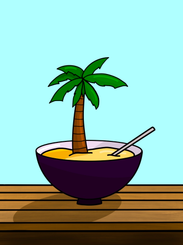 Digital drawing of a balloon-like palm tree in a purple bowl filled with sand