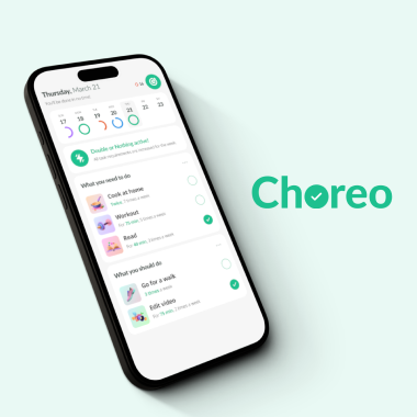 Choreo app mockup on phone with Choreo logo