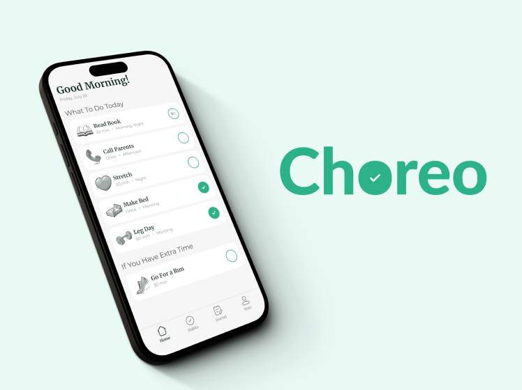 Choreo app mockup on phone with Choreo logo