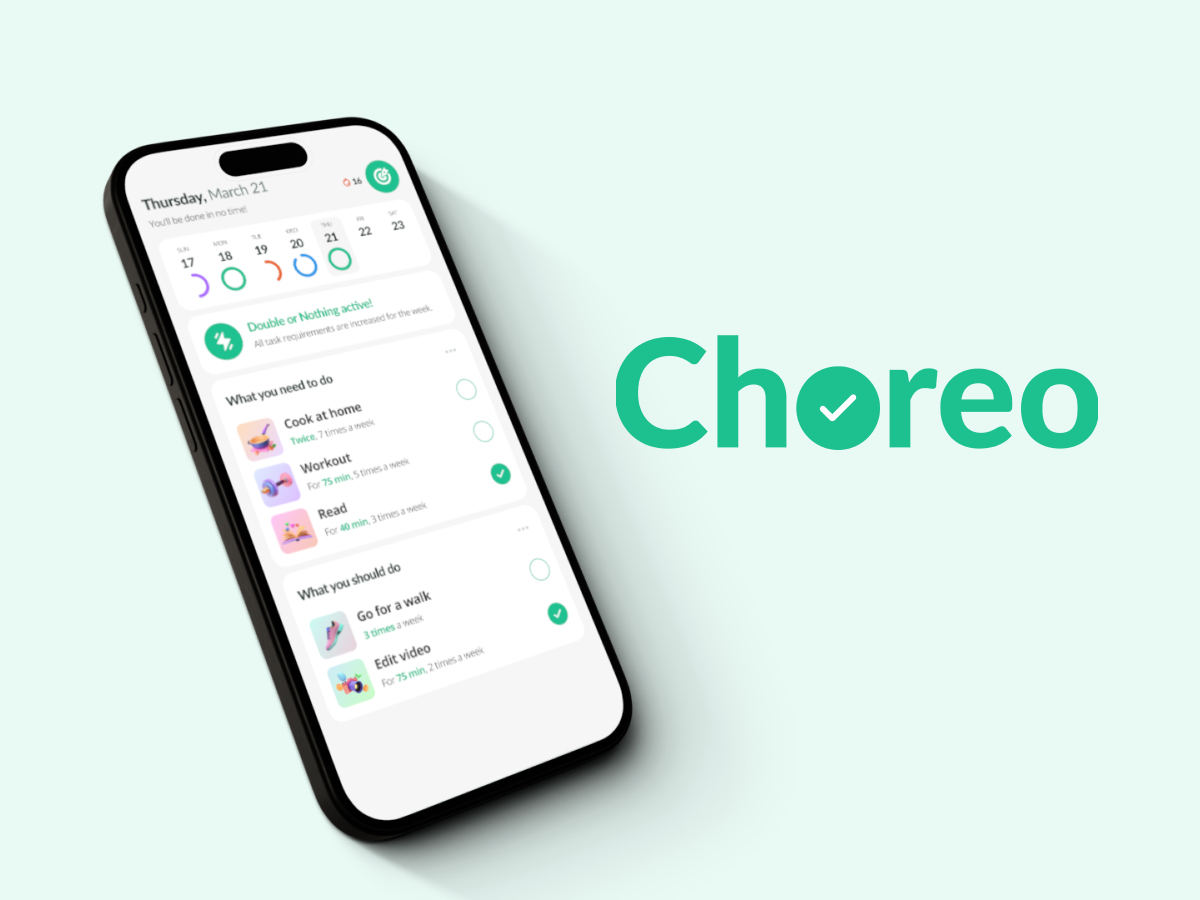 Choreo app mockup on phone with Choreo logo