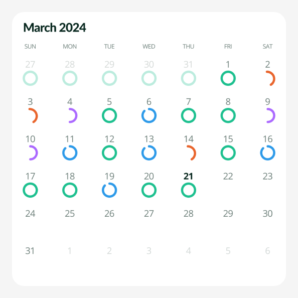 Month calendar with progress shown on each date