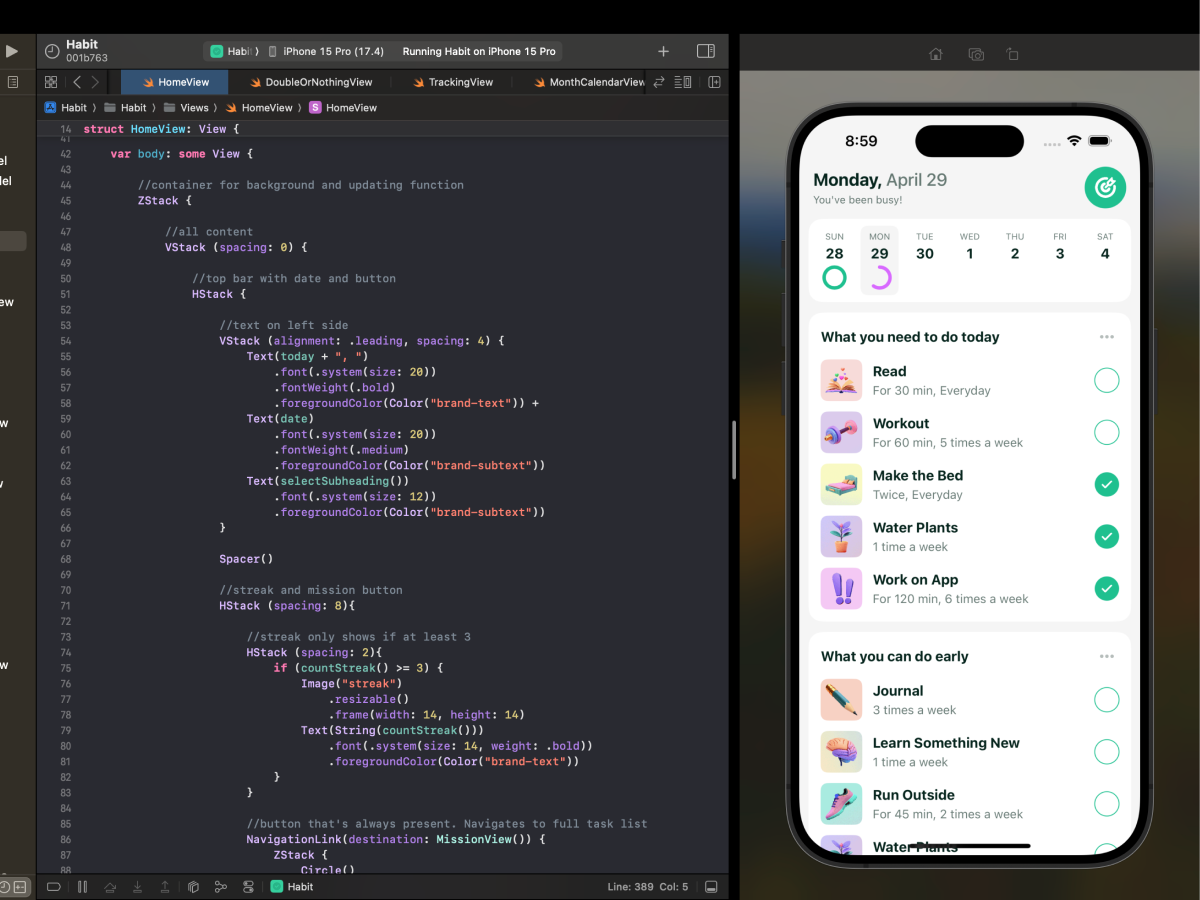 Screenshot of Xcode with iPhone simulator side-by-side