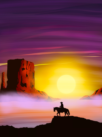 Digital drawing of a cowboy on a horse in a foggy desert landscape