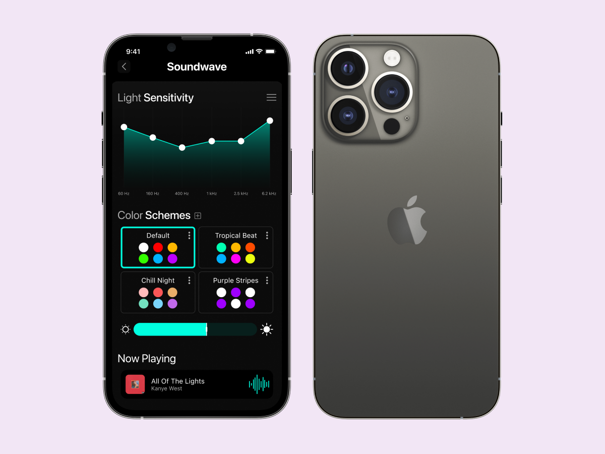Phone mockup with Lumi's controller app on screen