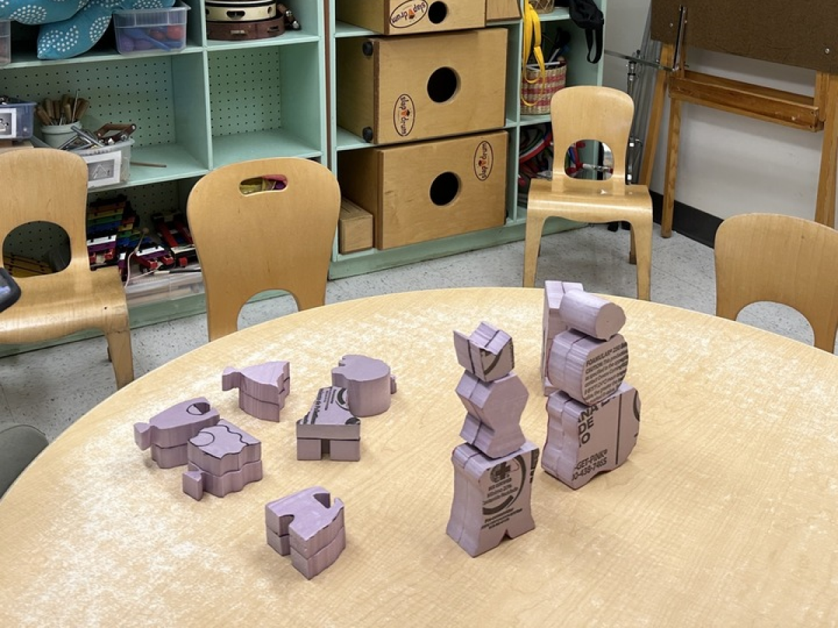 Foam prototypes standing on a table in playroom