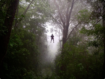 Person ziplining in misty rainforest in Costa Rica