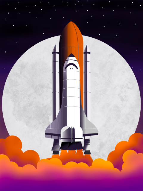 Digital drawing of space shuttle lifting off in front of the moon