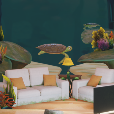 Two couches and a turtle underwater